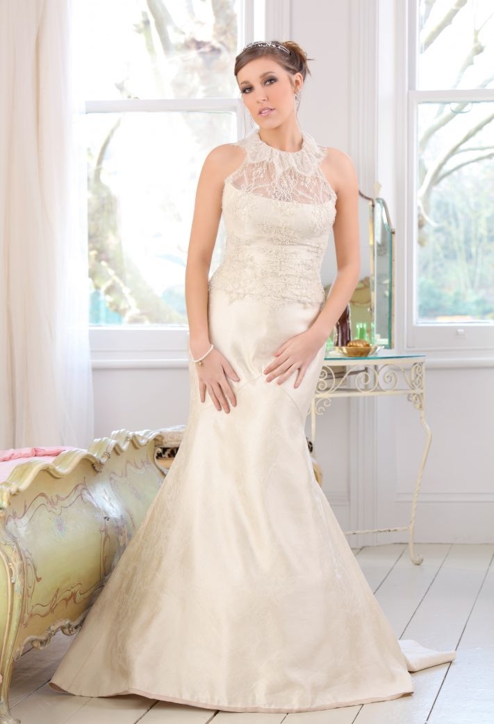 Auburn Bride Girl wearing Long Silk and Lace White Dress